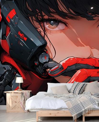 rød og grå tilpasselig anime-vægmaleri kaldet Anime Future Soldier til soveværelser og spillelokaler