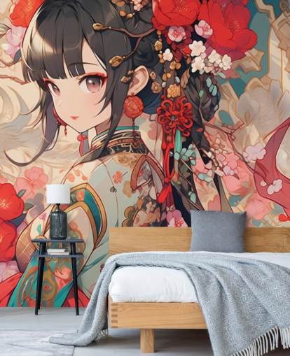 fresque murale d'anime personnalisée rouge appelée Anime Princess pour chambres d'adolescents