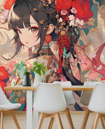 rødt brugerdefineret anime vægmaleri kaldet Anime Princess til teenagesoveværelser