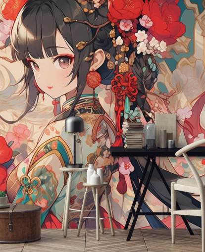 red custom anime wall mural called Anime Princess for teen bedrooms red custom anime wall mural called Anime Princess for teen bedrooms