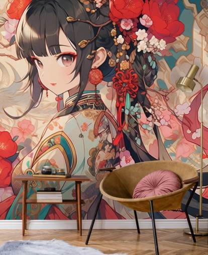 rode aangepaste anime-muurschildering genaamd Anime Princess voor tienerkamers