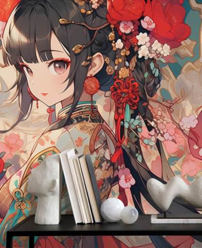 murale anime personalizzato rosso chiamato Anime Princess per camere da letto per adolescenti