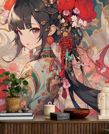 röd anpassad anime väggmålning som heter Anime Princess för tonårsrum