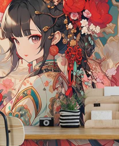 fresque murale d'anime personnalisée rouge appelée Anime Princess pour chambres d'adolescents