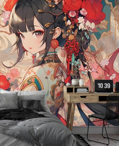 rødt brugerdefineret anime vægmaleri kaldet Anime Princess til teenagesoveværelser