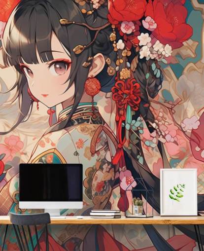 murale anime personalizzato rosso chiamato Anime Princess per camere da letto per adolescenti