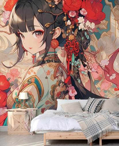 murale anime personalizzato rosso chiamato Anime Princess per camere da letto per adolescenti
