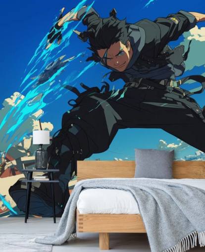 blå og grå tilpasselig anime-vægmaleri kaldet Anime Fighter til teenagerum og spillerum