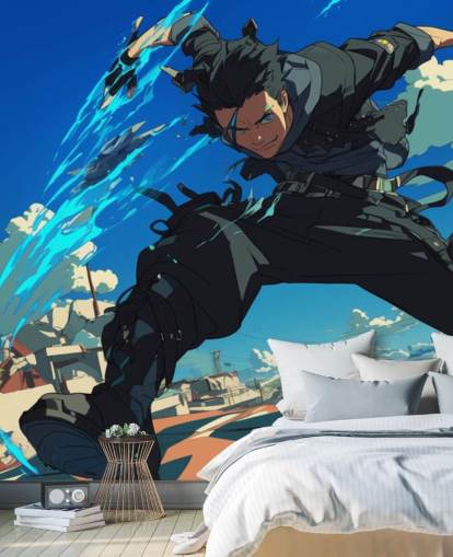 blue and grey customisable anime wall mural called Anime Fighter for teen bedrooms and game rooms