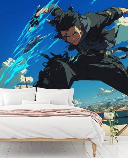 blue and grey customisable anime wall mural called Anime Fighter for teen bedrooms and game rooms blue and grey customisable anime wall mural called Anime Fighter for teen bedrooms and game rooms