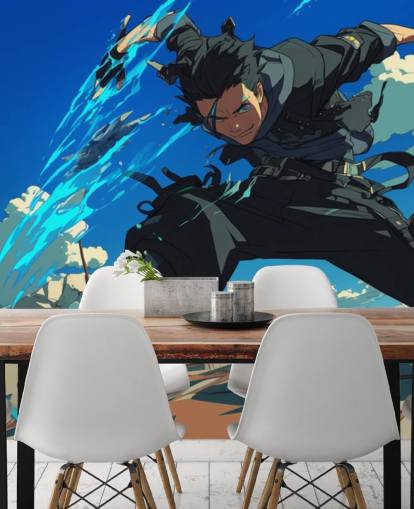 blauwe en grijze aanpasbare anime-muurschildering genaamd Anime Fighter voor tienerkamers en speelkamers