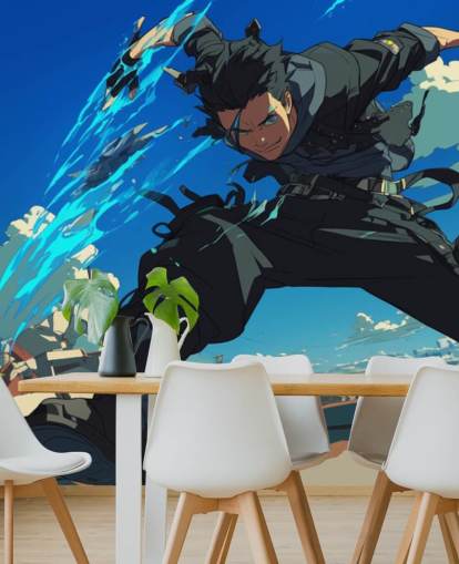 blå och grå anpassningsbar anime väggmålning som heter Anime Fighter för tonårsrum och spelrum