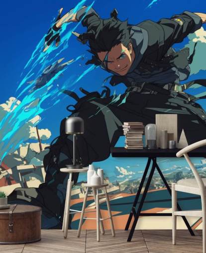 Blaues und graues personalisierbares Anime-Wandbild namens Anime Fighter für Jugendzimmer und Spielzimmer