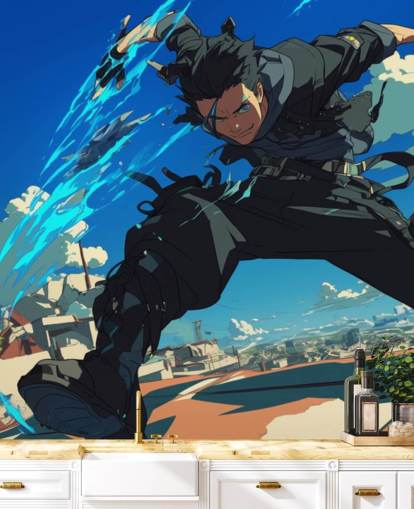 fresque murale d'anime personnalisable bleue et grise appelée Anime Fighter pour les chambres d'adolescents et les salles de jeux fresque murale d'anime personnalisable bleue et grise appelée Anime Fighter pour les chambres d'adolescents et les salles de jeux