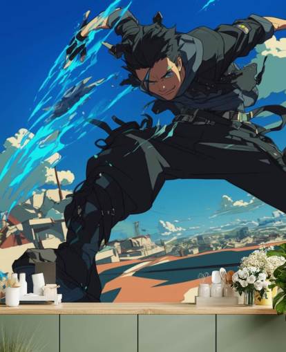 blue and grey customisable anime wall mural called Anime Fighter for teen bedrooms and game rooms