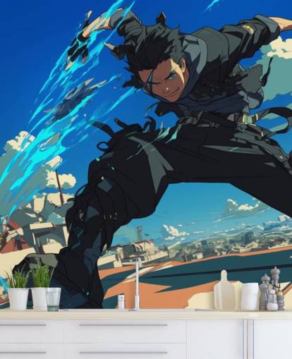 blue and gray customizable anime wall mural called Anime Fighter for teen bedrooms and game rooms