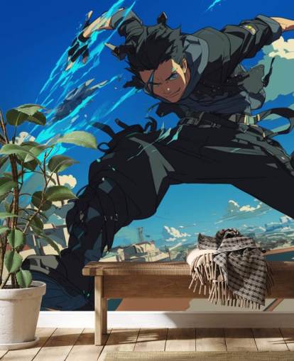 blue and grey customisable anime wall mural called Anime Fighter for teen bedrooms and game rooms