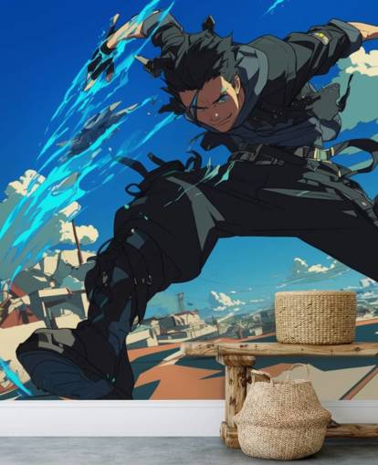 blått og grått tilpassbart anime-veggmaleri kalt Anime Fighter for tenåringssoverom og spillrom blått og grått tilpassbart anime-veggmaleri kalt Anime Fighter for tenåringssoverom og spillrom