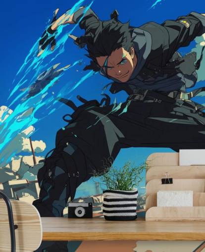 mural de pared de anime personalizable azul y gris llamado Anime Fighter para dormitorios de adolescentes y salas de juegos mural de pared de anime personalizable azul y gris llamado Anime Fighter para dormitorios de adolescentes y salas de juegos