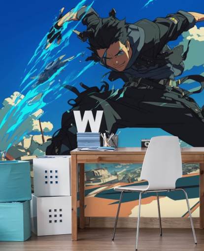 sininen ja harmaa muokattava anime-seinämaalaus nimeltä Anime Fighter teini-ikäisten makuuhuoneisiin ja pelihuoneisiin