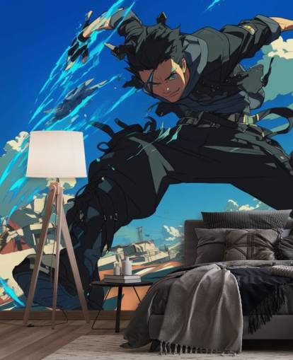 blauwe en grijze aanpasbare anime-muurschildering genaamd Anime Fighter voor tienerkamers en speelkamers