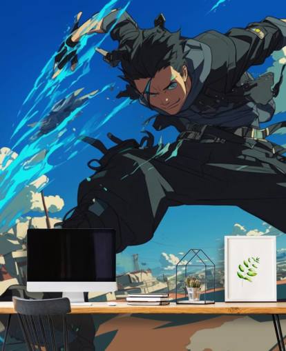 Blaues und graues personalisierbares Anime-Wandbild namens Anime Fighter für Jugendzimmer und Spielzimmer