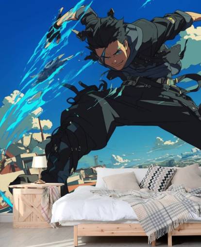 blauwe en grijze aanpasbare anime-muurschildering genaamd Anime Fighter voor tienerkamers en speelkamers