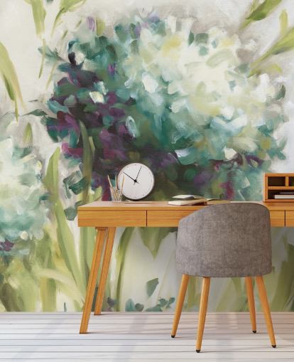 blaues botanisches Wandbild mit Hortensienfeld von Lisa Audit