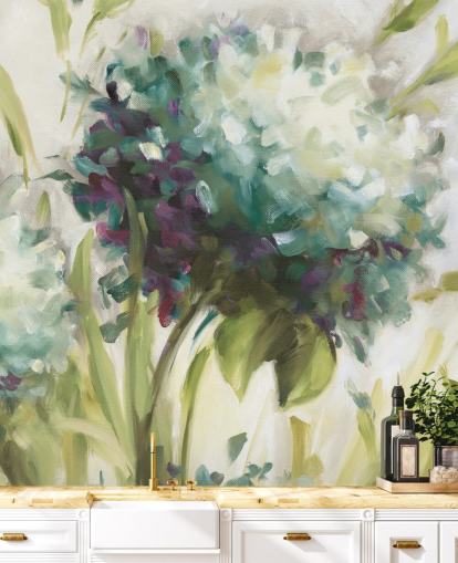 blaues botanisches Wandbild mit Hortensienfeld von Lisa Audit blaues botanisches Wandbild mit Hortensienfeld von Lisa Audit