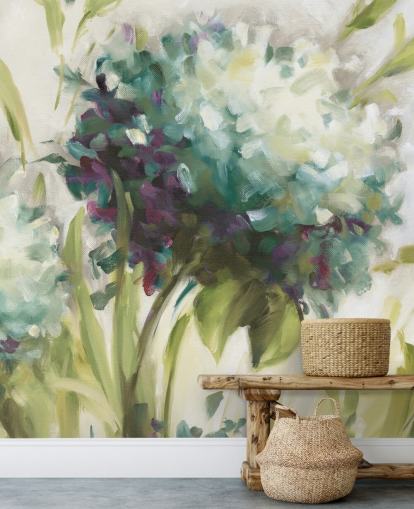 blauwe Hydrangea Field botanische muurschildering van Lisa Audit