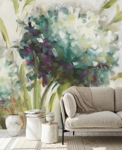 blaues botanisches Wandbild mit Hortensienfeld von Lisa Audit blaues botanisches Wandbild mit Hortensienfeld von Lisa Audit