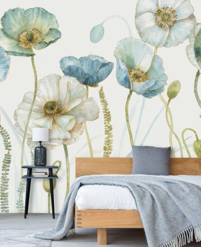 mural de papel pintado de flores azules llamado Greenhouse Flowers de Lisa Audit para salas de estar y comedores