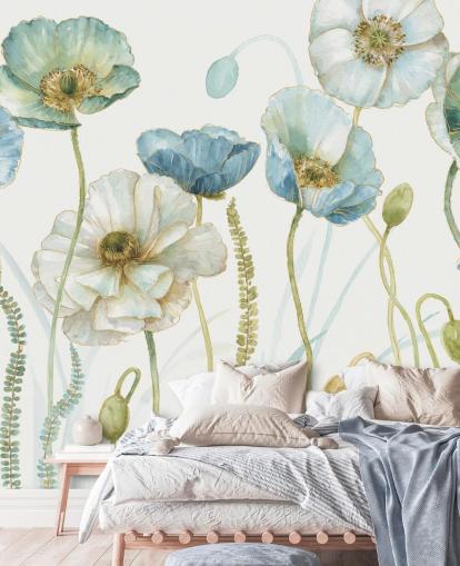 mural de papel pintado de flores azules llamado Greenhouse Flowers de Lisa Audit para salas de estar y comedores