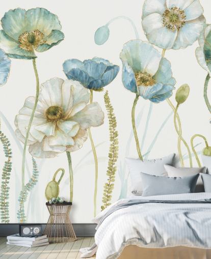 mural de papel pintado de flores azules llamado Greenhouse Flowers de Lisa Audit para salas de estar y comedores