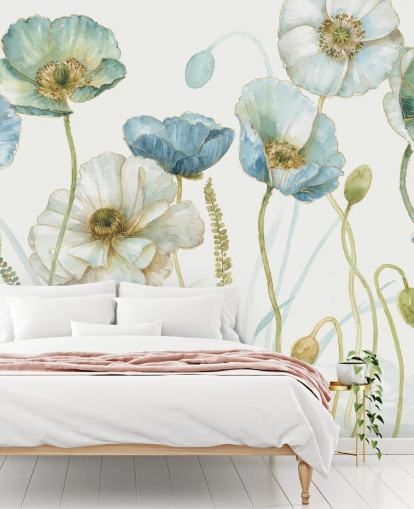 mural de papel pintado de flores azules llamado Greenhouse Flowers de Lisa Audit para salas de estar y comedores