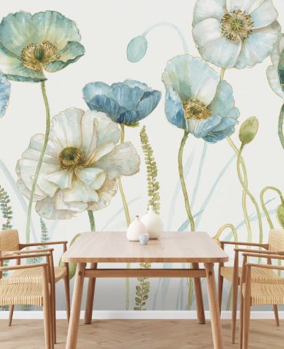 blue flower wallpaper mural called Greenhouse Flowers by Lisa Audit for living rooms and dining rooms