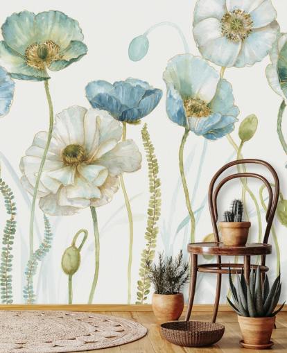 blå blomma tapet väggmålning kallad Greenhouse Flowers av Lisa Audit för vardagsrum och matsalar
