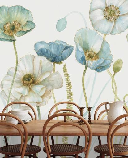 blue flower wallpaper mural called Greenhouse Flowers by Lisa Audit for living rooms and dining rooms