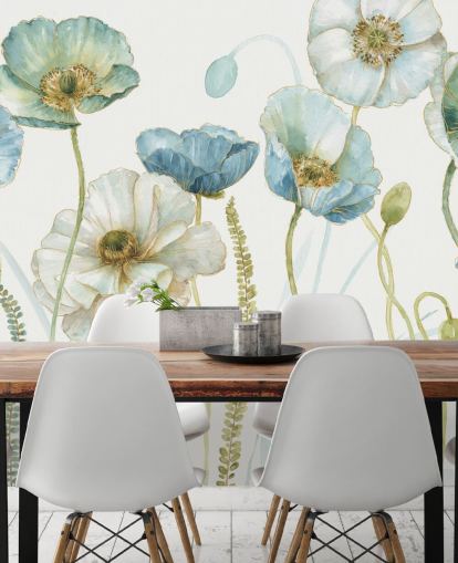 blå blomstertapet veggmaleri kalt Greenhouse Flowers av Lisa Audit for stuer og spiserom
