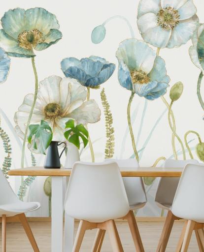 Lisa Audit -sinisen kukkatapetin seinämaalaus nimeltä Greenhouse Flowers olohuoneisiin ja ruokasaleihin Lisa Audit -sinisen kukkatapetin seinämaalaus nimeltä Greenhouse Flowers olohuoneisiin ja ruokasaleihin