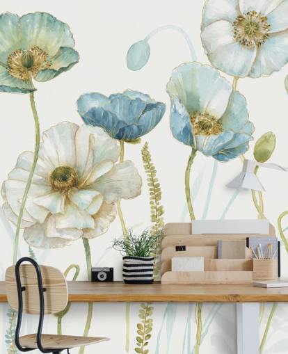 Blaue Blumentapete namens Greenhouse Flowers von Lisa Audit für Wohn- und Esszimmer