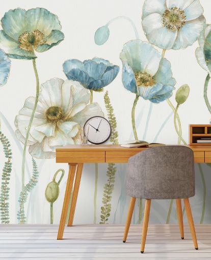 Blaue Blumentapete namens Greenhouse Flowers von Lisa Audit für Wohn- und Esszimmer