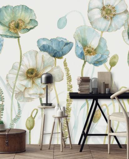 blue flower wallpaper mural called Greenhouse Flowers by Lisa Audit for living rooms and dining rooms