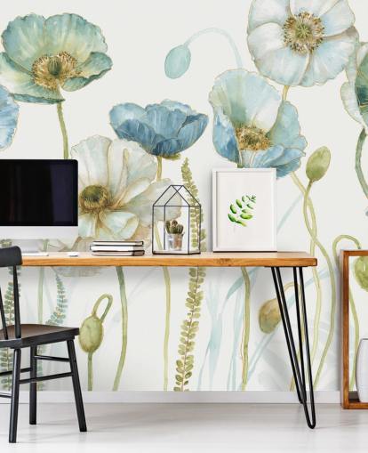 papier peint mural à fleurs bleues appelé Greenhouse Flowers par Lisa Audit pour les salons et les salles à manger