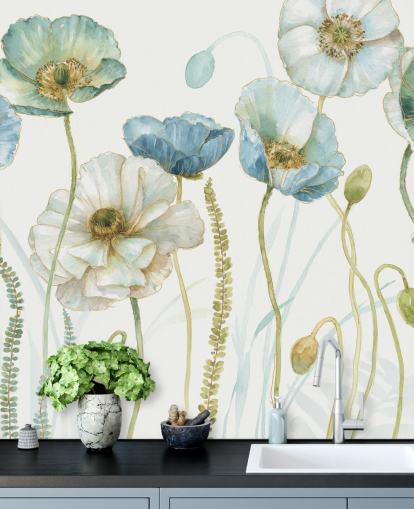 Blaue Blumentapete namens Greenhouse Flowers von Lisa Audit für Wohn- und Esszimmer