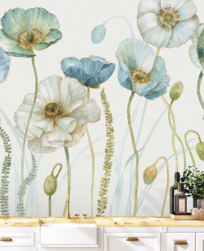 mural de papel de parede de flores azuis chamado Greenhouse Flowers de Lisa Audit para salas de estar e salas de jantar