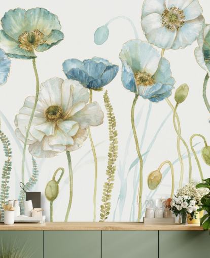 papier peint mural à fleurs bleues appelé Greenhouse Flowers par Lisa Audit pour les salons et les salles à manger papier peint mural à fleurs bleues appelé Greenhouse Flowers par Lisa Audit pour les salons et les salles à manger