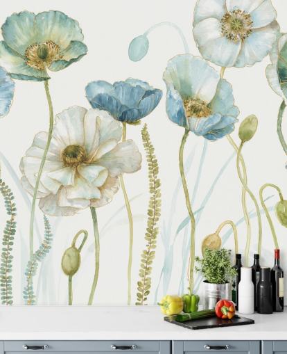 papier peint mural à fleurs bleues appelé Greenhouse Flowers par Lisa Audit pour les salons et les salles à manger papier peint mural à fleurs bleues appelé Greenhouse Flowers par Lisa Audit pour les salons et les salles à manger