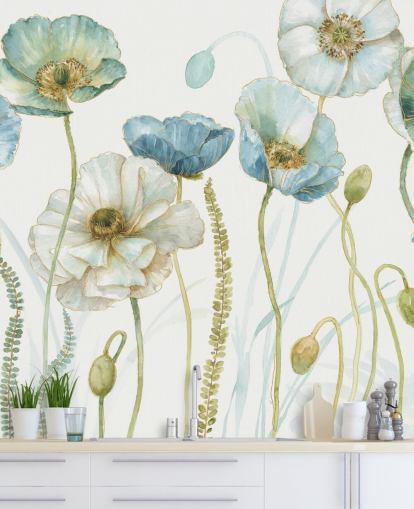 blauwe bloemenmuurschildering genaamd Greenhouse Flowers van Lisa Audit voor woon- en eetkamers blauwe bloemenmuurschildering genaamd Greenhouse Flowers van Lisa Audit voor woon- en eetkamers