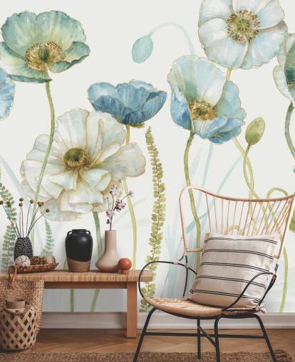 blå blomstertapet veggmaleri kalt Greenhouse Flowers av Lisa Audit for stuer og spiserom blå blomstertapet veggmaleri kalt Greenhouse Flowers av Lisa Audit for stuer og spiserom